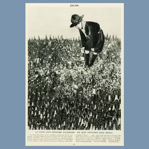 Fotomontage af spejder der samler flasker i tysk officers kælder